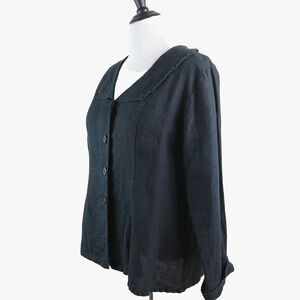 Flax Size M Woven Linen Button Down Blouse Collared Top Black